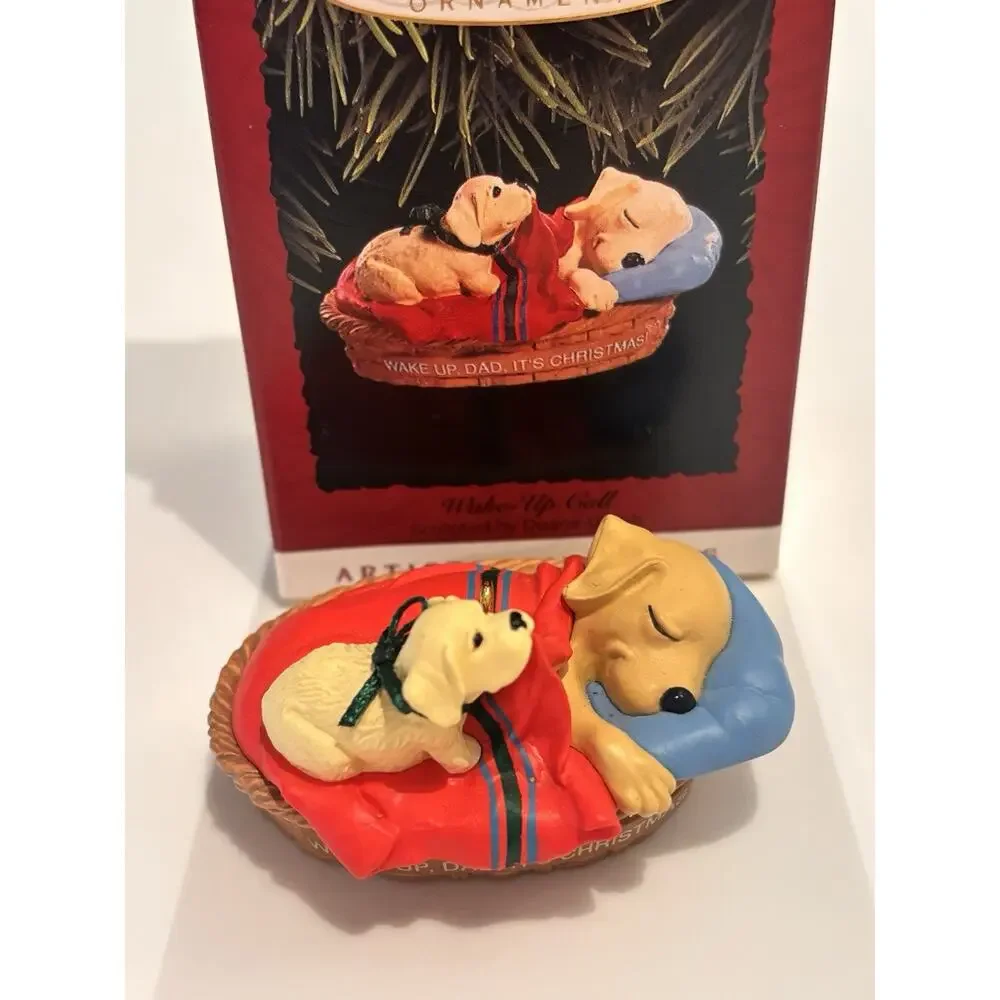 1993 Hallmark Christmas Ornament WAKE-UP CALL Dad Yellow Lab Puppy Dog In Bed